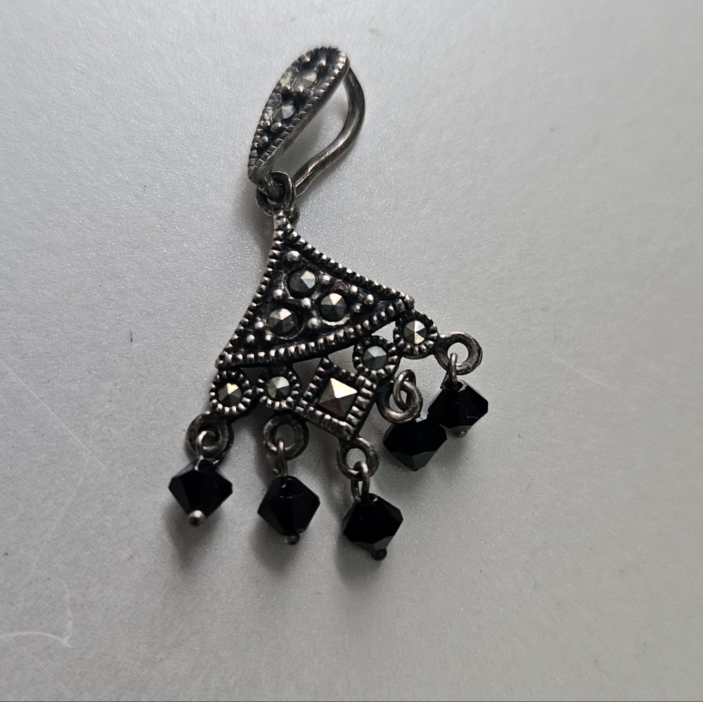 Vintage Sterling Silver 925 Marcasite Cut Black Glass Dangle Pendant NF